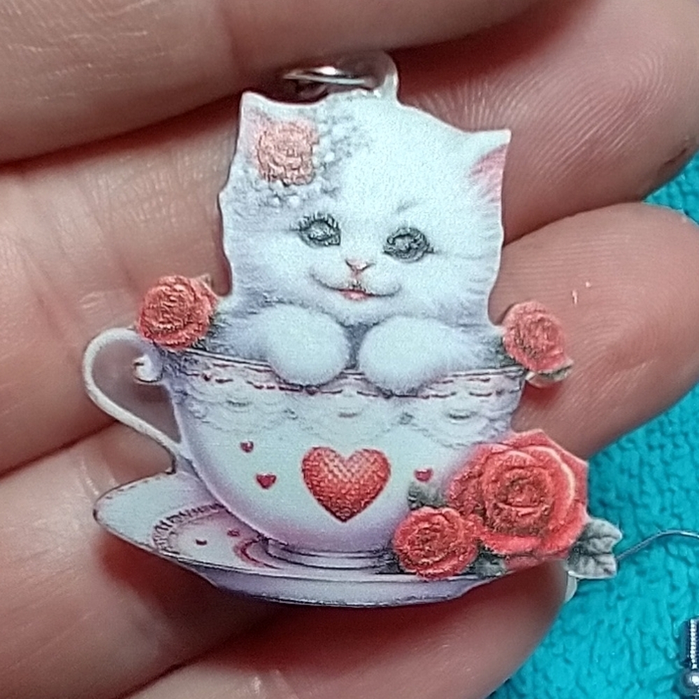 Cute red white flower floral heart kitten in cup cat wire dangle earrings